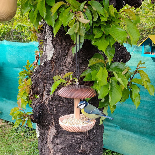 Mangeoir à oiseaux à suspendre en bois tourné
