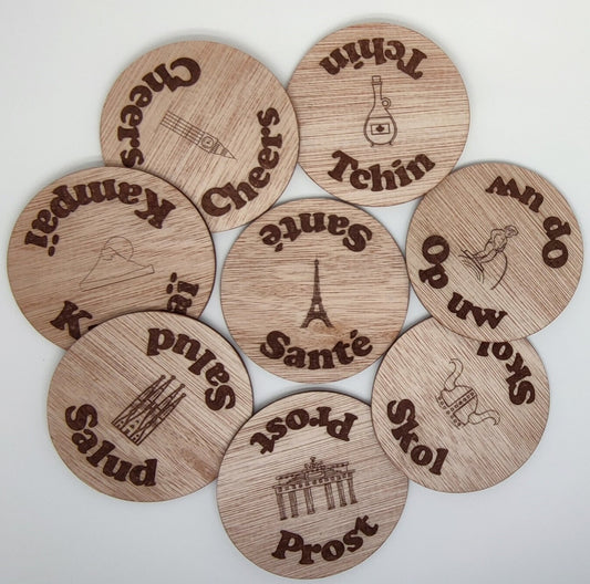 Lot de 8 Sous-Verres en Bois Gravés à travers le Monde